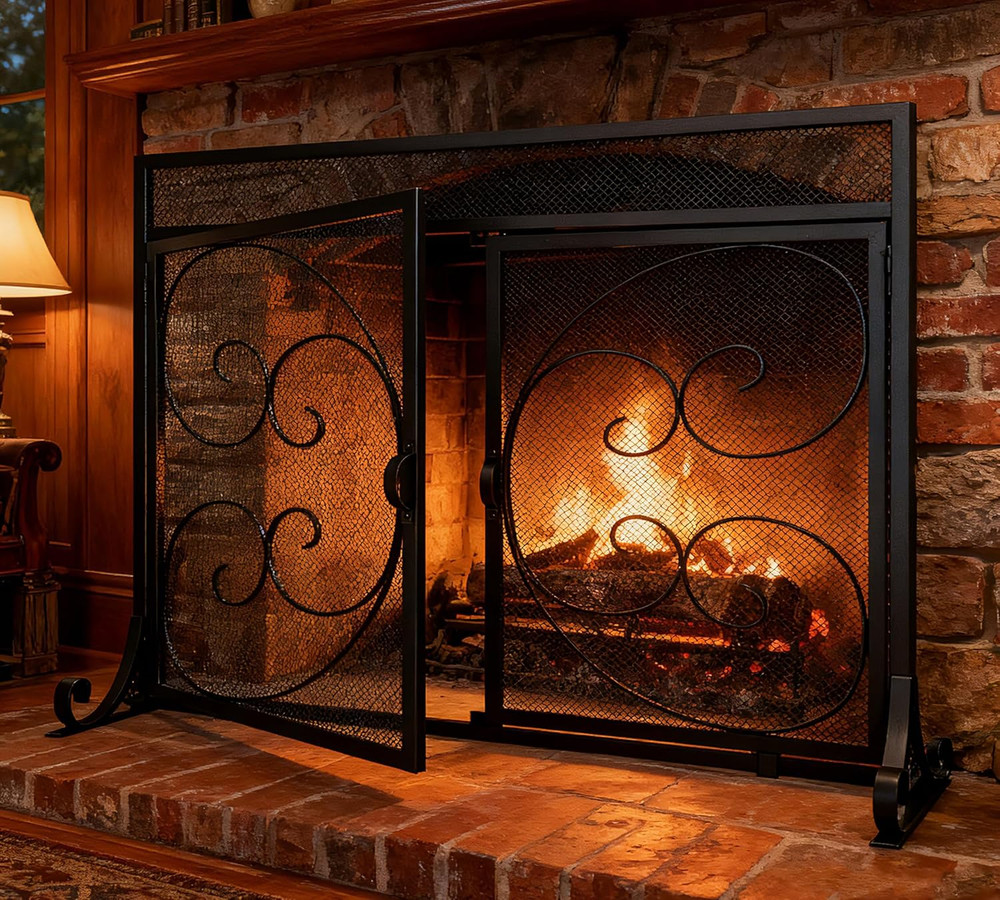 Flat Fireplace Screen with Hinged Doors Handcrafted Wrought Iron Classical Scrol