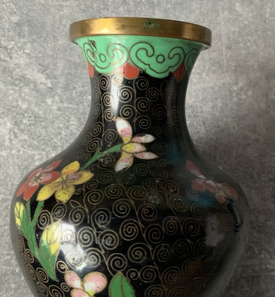 Lot Of 4 CLOISONNE Noir Enamel On Brass Variety Shapes Vases Vintage & Antique