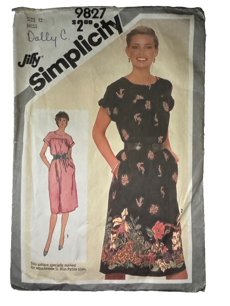 9827 Simplicity 1980s Women's Size 12 Pullover Dress Pockets Jiffy Pattern