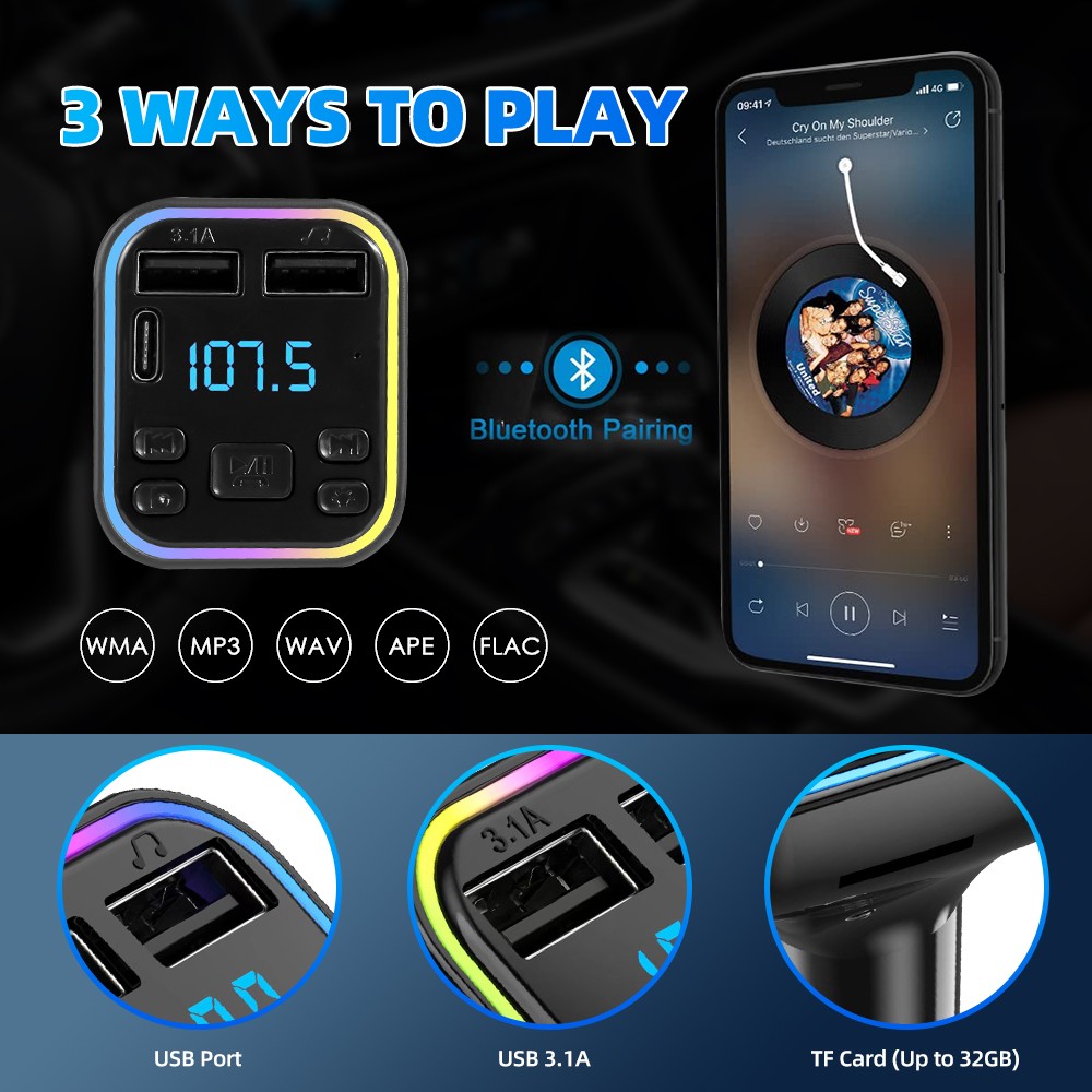 2pc Car Wireless FM Transmitter Adapter 2USB PD Charger Hands Free Bluetooth 5.0
