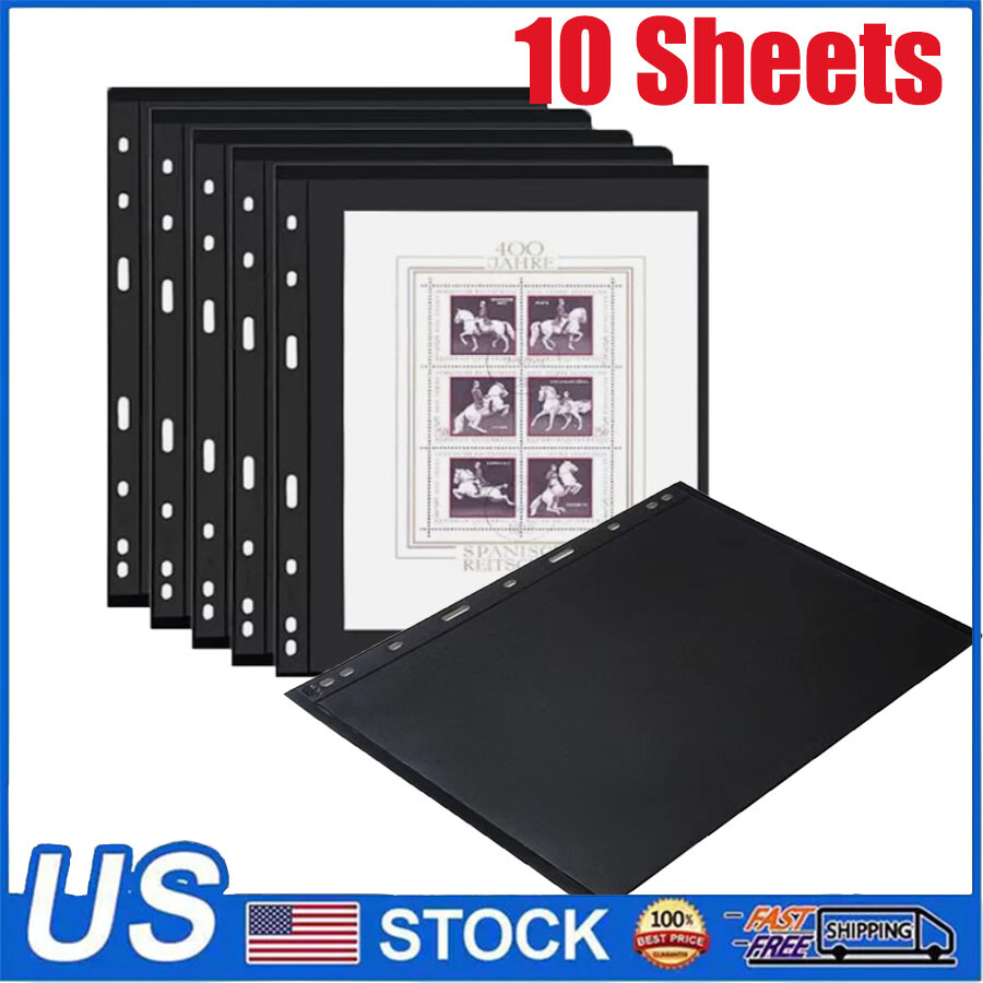 10 Sheets Stamp Album Stock Page 1 Strips Black Double Sided 9 Page Binder Holes
