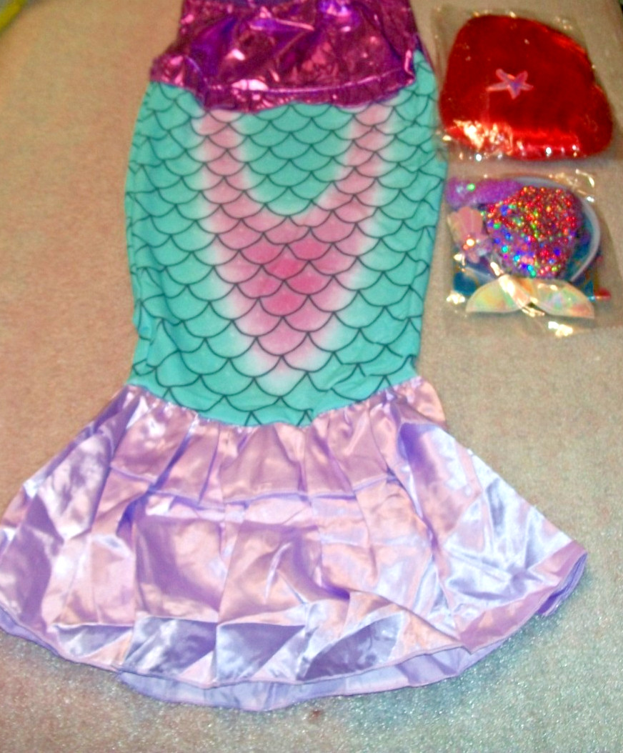 6pc Mermaid Costume Girls Size 7-8 w/Wig, Purse. Jewelry, Headband & Balloon
