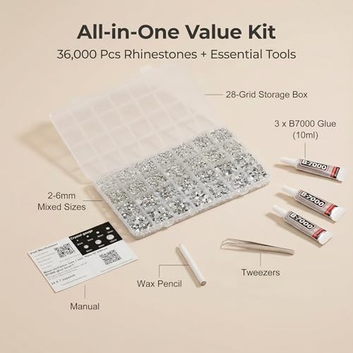 36,000 Clear Rhinestones for Crafting - Multi-Size Flatback Crystals & Tools Kit