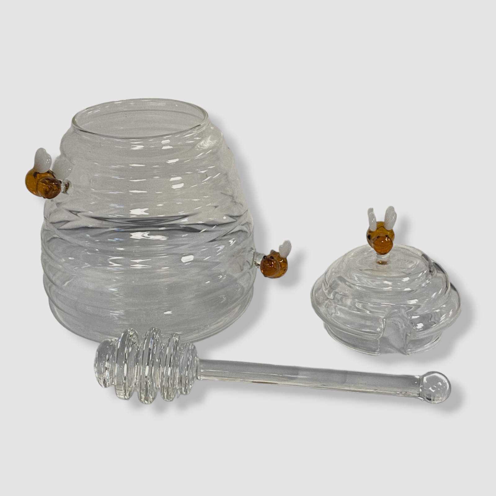 $43 Neiman Marcus Botanical Clear Glass Lid Bee Kitchen Handcrafted Honey Jar