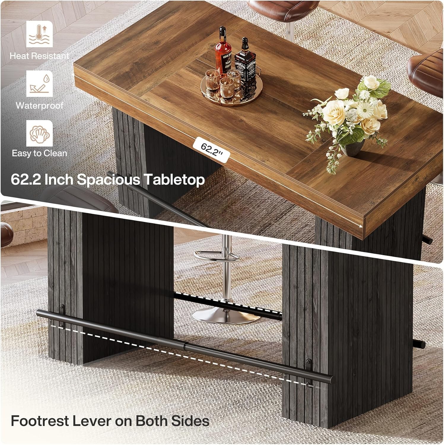62.2-Inch Dining Table for 4-6,High Top Kitchen Pub Bar Island with Footrest