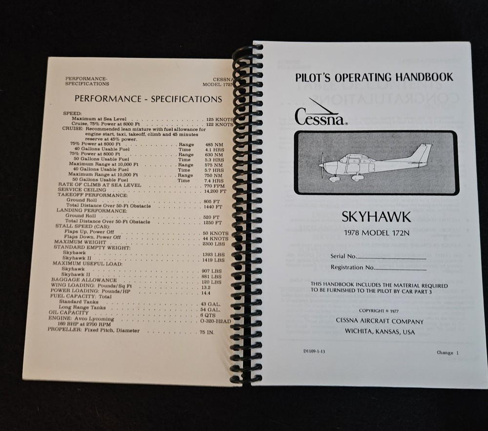 1978 Cessna Skyhawk Model 172N Pilot's Operating Handbook Spiral Bound