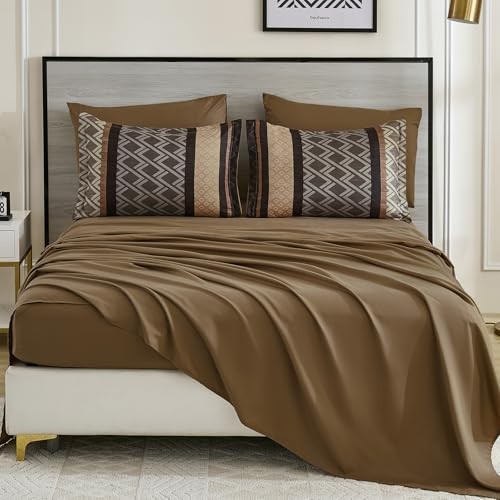 Comforter Set Size,Boho Striped Bed in a Bag,7 Piece Plaid Queen Brown