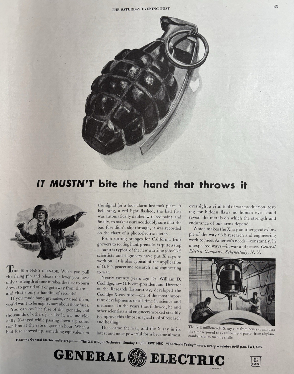 General Electric WWII Hand Grenade Million volt Xray Metal Parts VTG Ad 1944