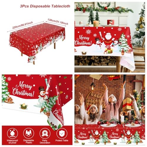3PCS Christmas Tablecloth Rectangular Plastic Christmas Tablecloth, Winter Red