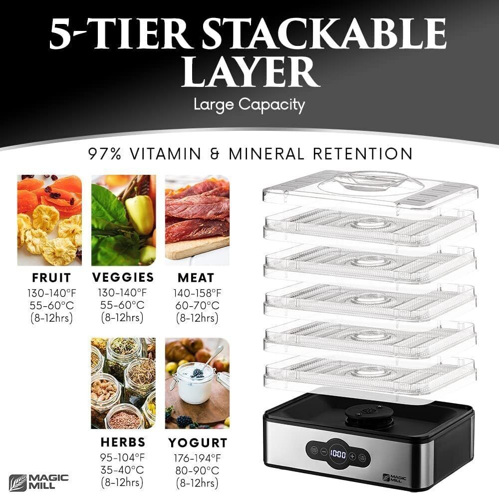 Electric Food Dehydrator Preserver Machine 5 Stackable Trays Digital Adjustable