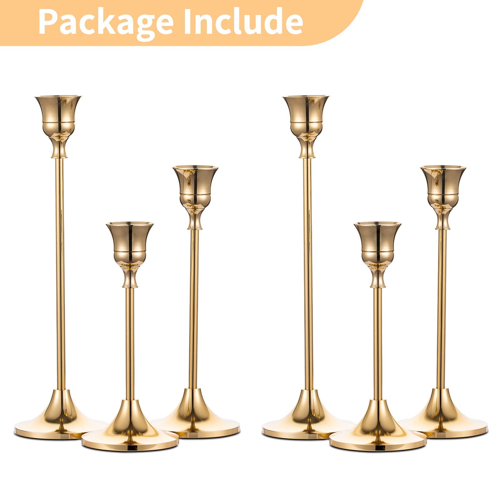 2 Sets(6 Pcs) Brass Gold Metal Taper Candle Holders 2 sets (6 pcs),