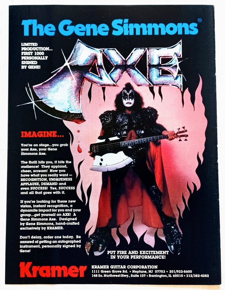 KRAMER GUITARS~KISS GENE SIMMONS AXE BASS~ORIG 1981 PROMO PRINT AD POSTER PINUP