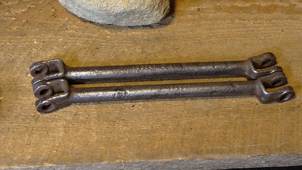 2- vintage Implement Conecting Rods, Yokes both ends, Off set Cast Steel Rustic.