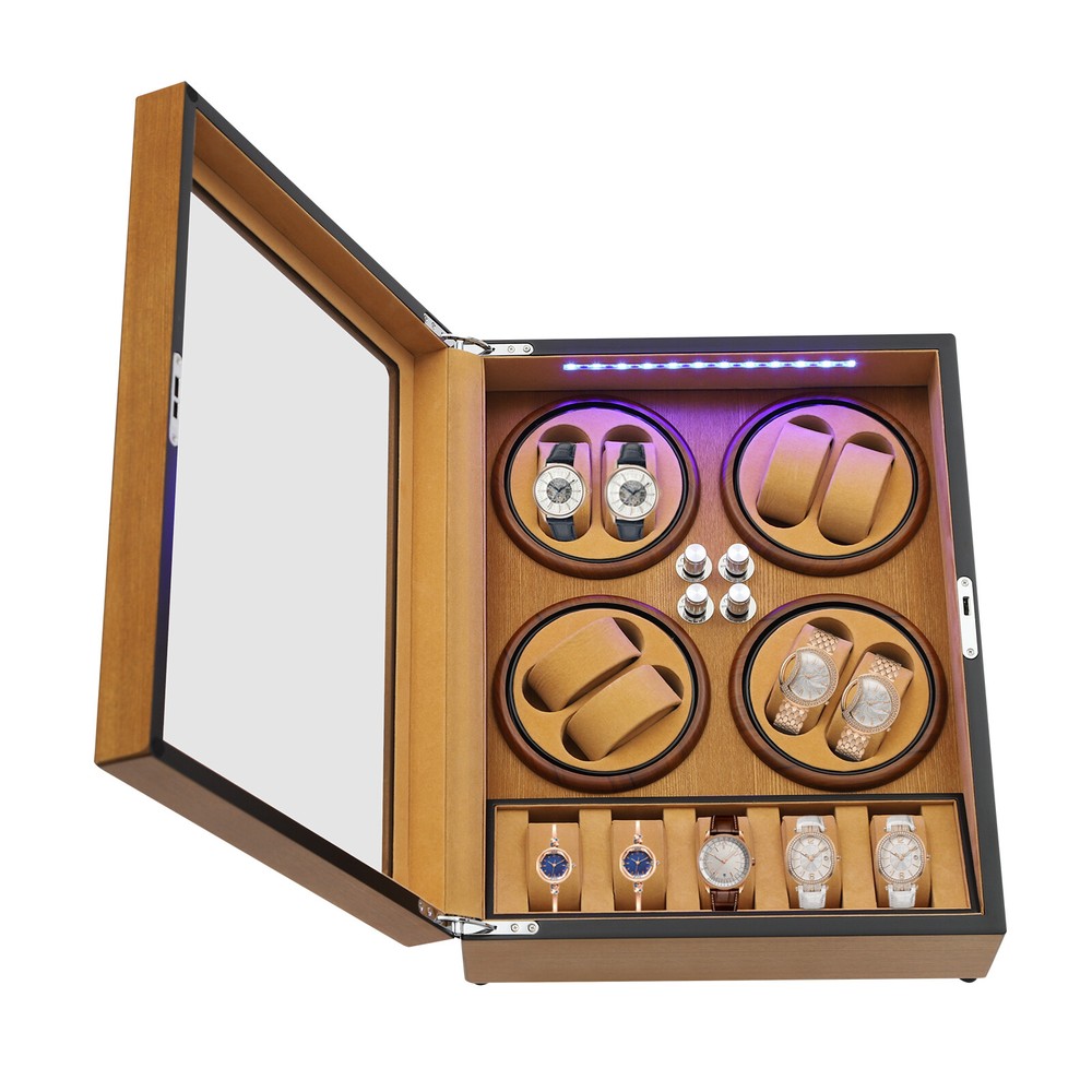 8+5 Pine Automatic Watch Winder Box With LED Light Storage Case 4 Winding Modes