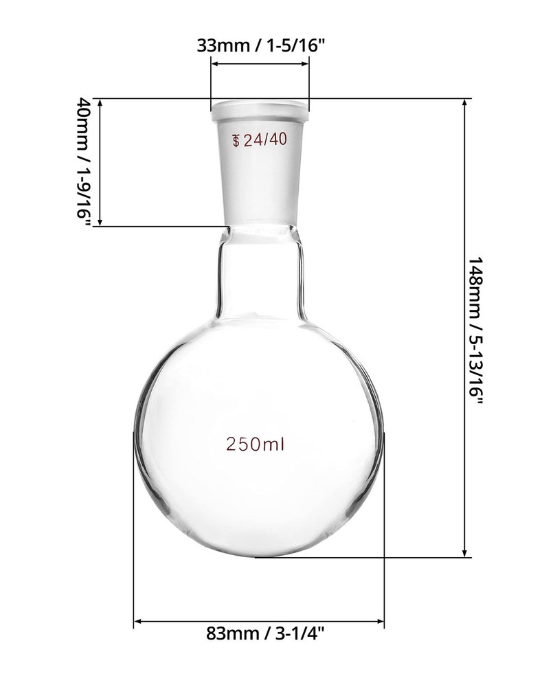 QWORK Glass 250ml Single Neck Flat Bottom Boiling Flask, 24/40 250ml, 1 Pc