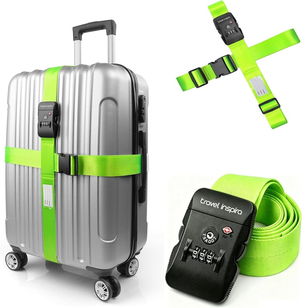 3-Digit Combination Lock Luggage Straps, Green, 2 Pack