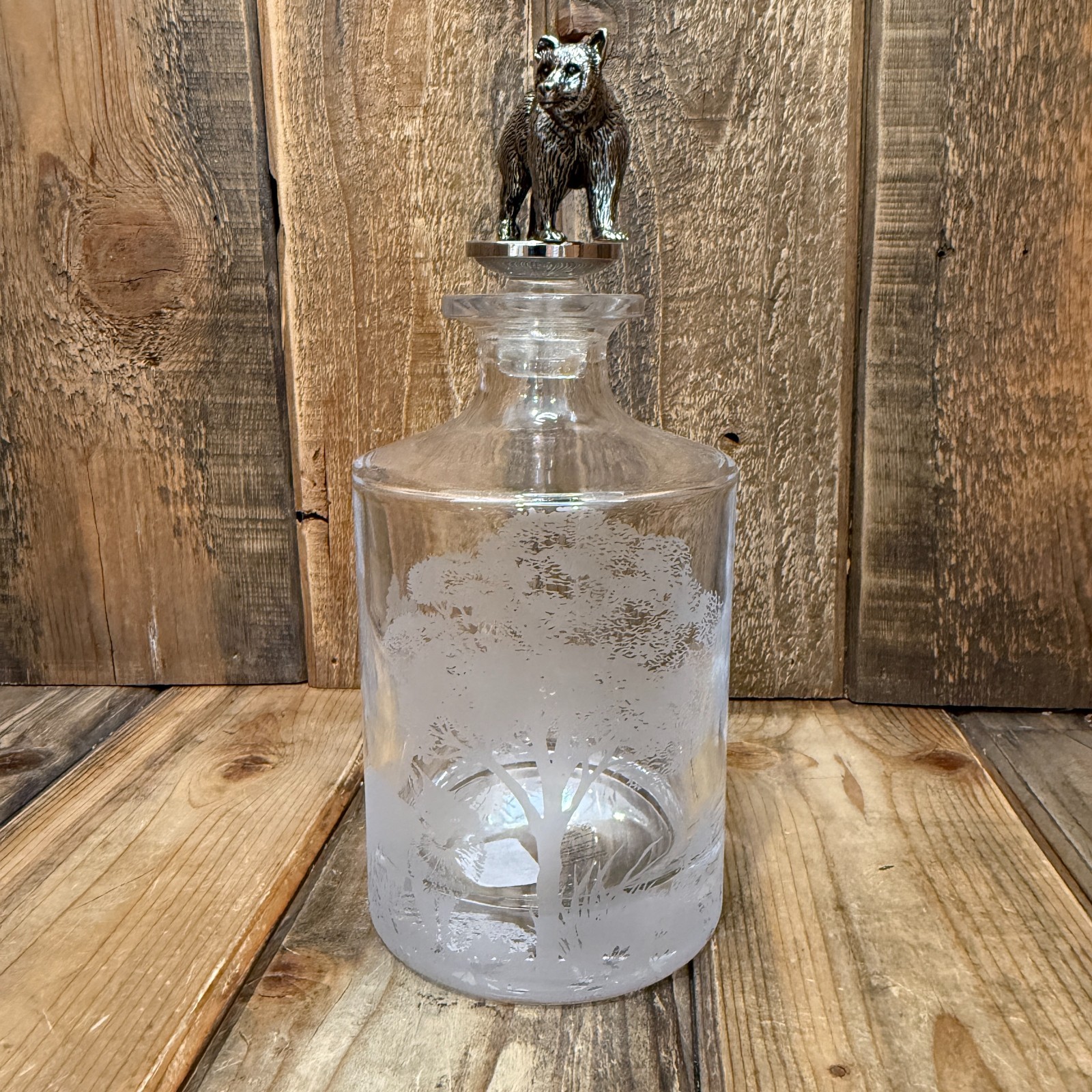 POTTERY BARN Fantastical Forest Glass Decanter 4.5" X 10" ~ BEAR, FOX, QUAIL