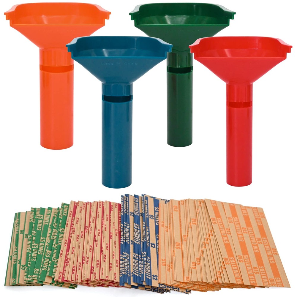150 Flat Striped Coin Wrappers & 4 Color-Coded Sorter Tubes, Easy Load Counters