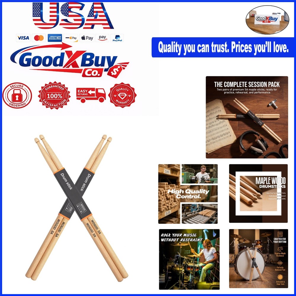 Maple Drumsticks 5A Two Pair | Durable, Balanced, For All Styles | New (Two P...