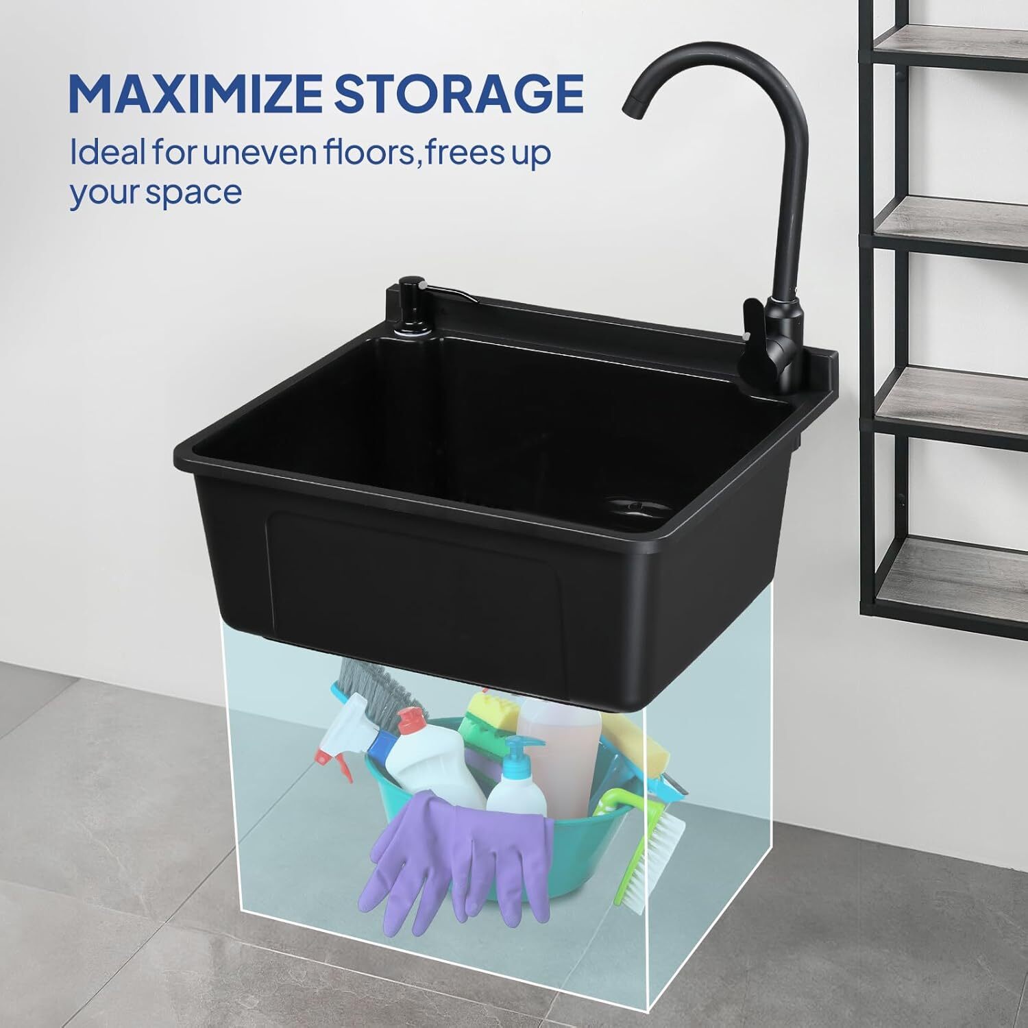 Plastic Wall-Mounted Utility Sink, Wall-Mounted Utility Tub with Hot&Cold Faucet