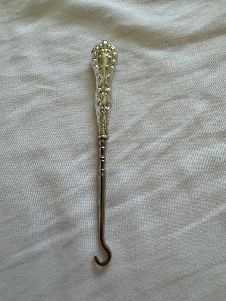 Antique Sterling Silver Handle Button Hook w/ Beaded & Scrolling Design