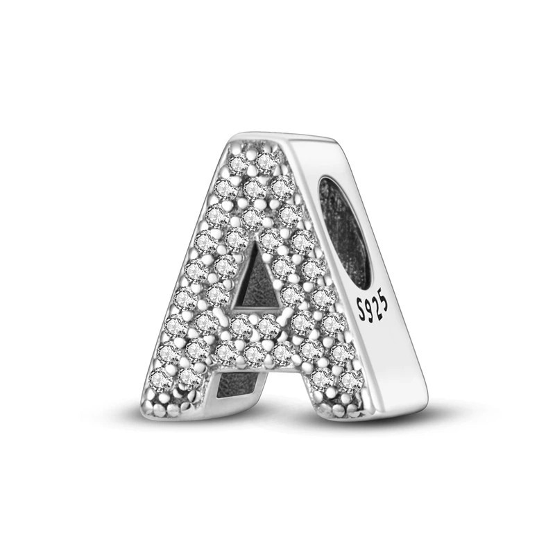925 Sterling Silver Alphabet Letter Charm Beads with Zircon Fit 3MM Bracelet