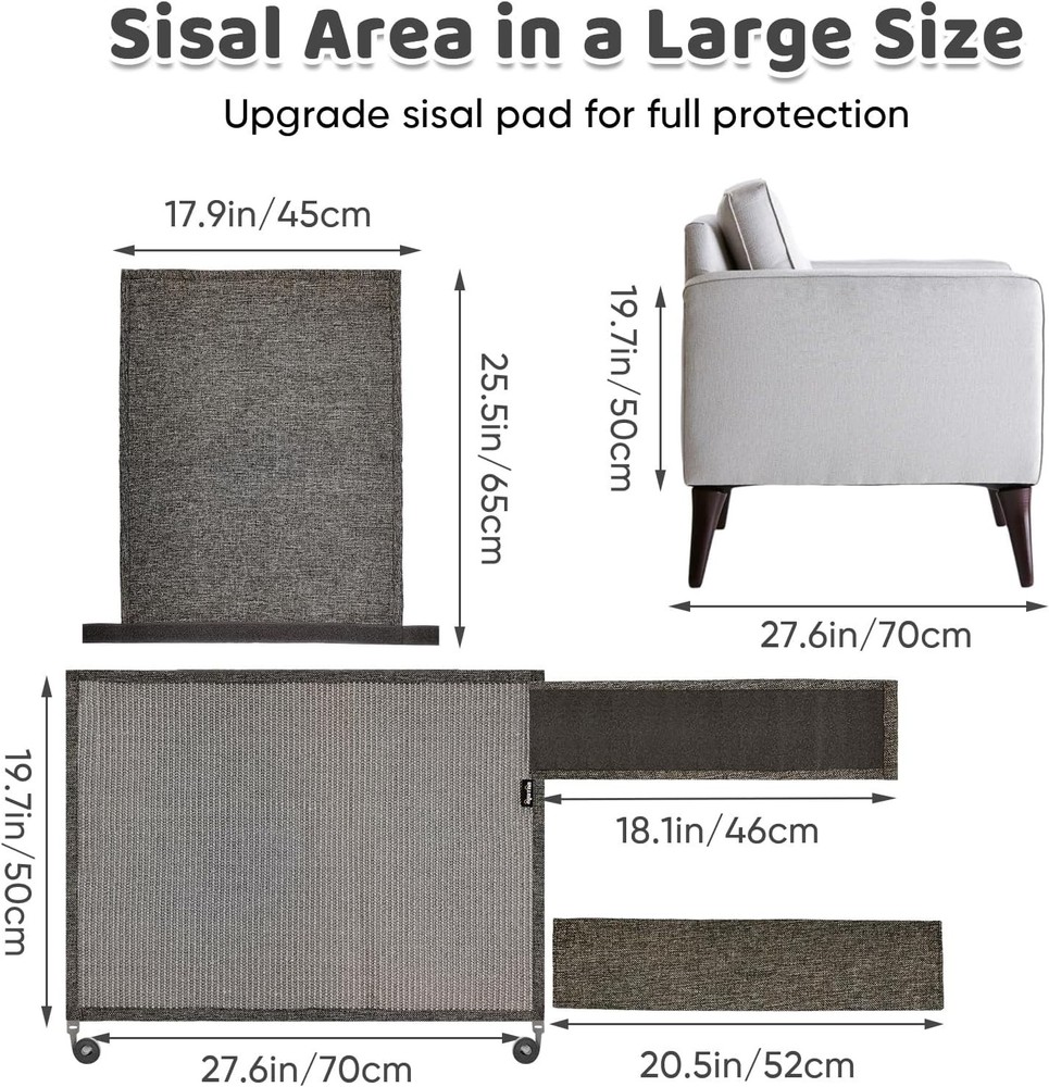 All Gray Cat Scratch Protector - Large Sisal Sofa Arm Shield for Right Side