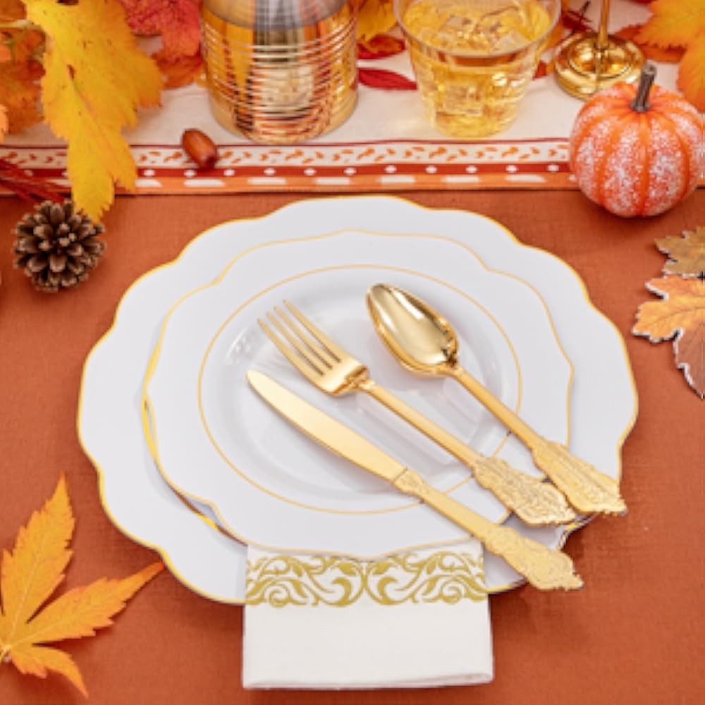 Gold Plastic Plates with Disposable Sierware - White Gold Plastic