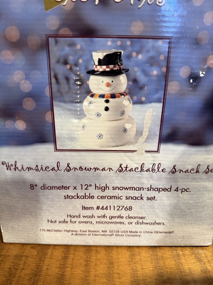 Whimsical Snowman Stackable Snack Set 4 Piece Ceramic Set Winter Decor