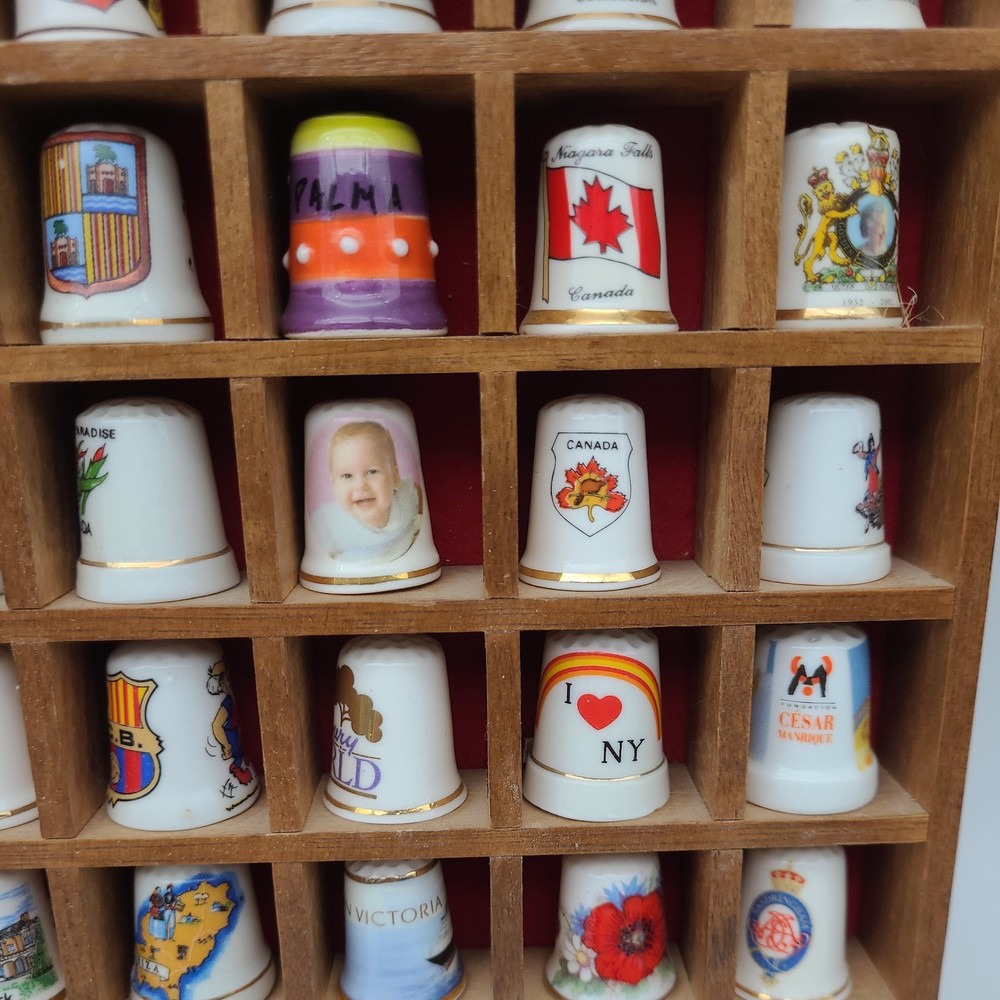 Vintage Thimble Display Case with 100 Mixed Various Thimbles Good Condition