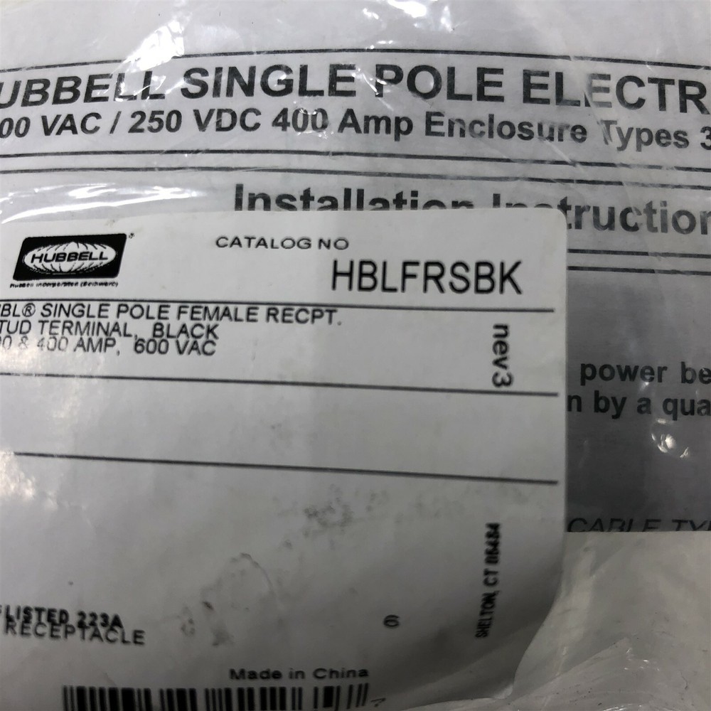 Hubbell HBLFRSBK Female Receptacle 300/400A 600V AC/DC Threaded Stud