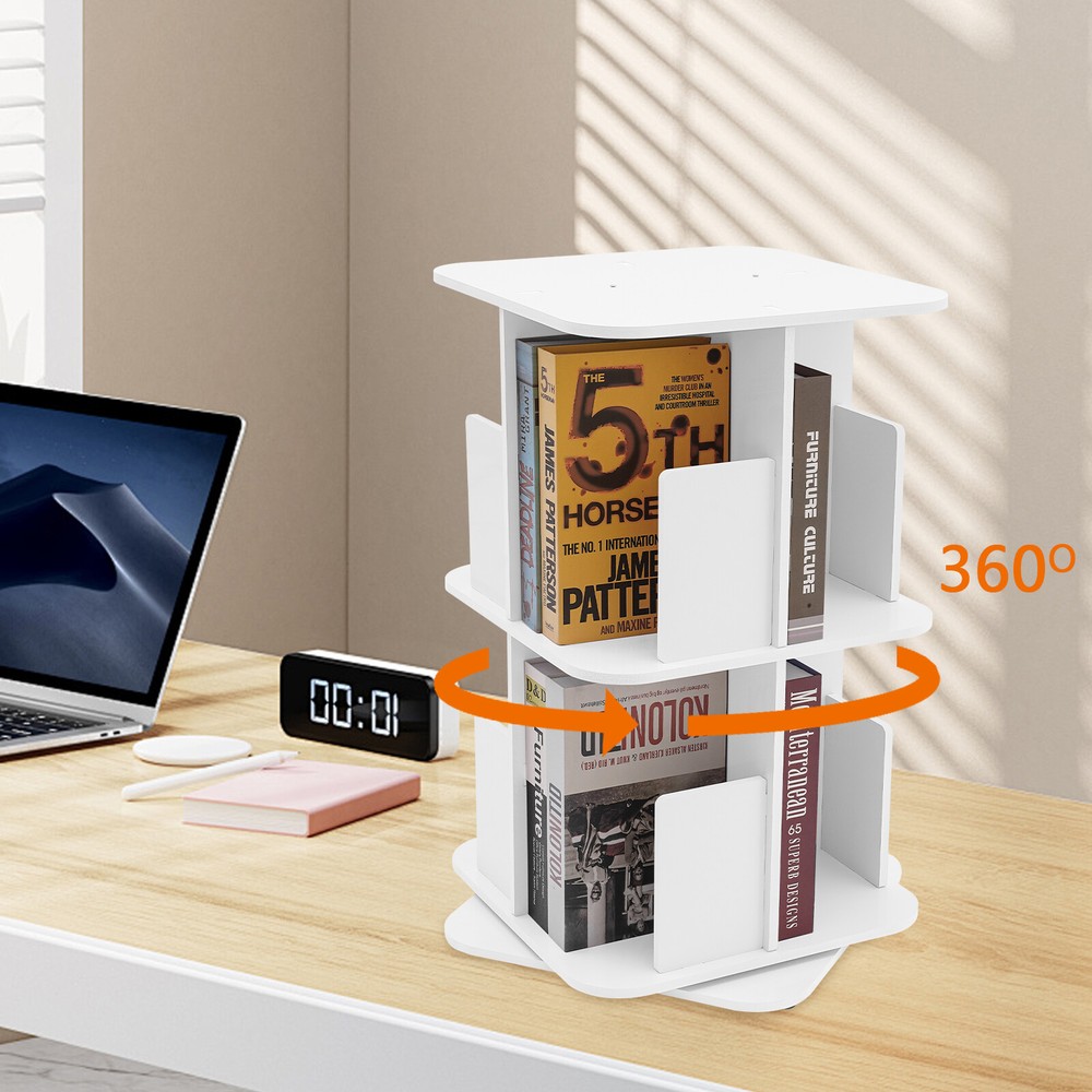 2-Tier Rotating Bookshelf - Compact White Bookcase for Corner Storage