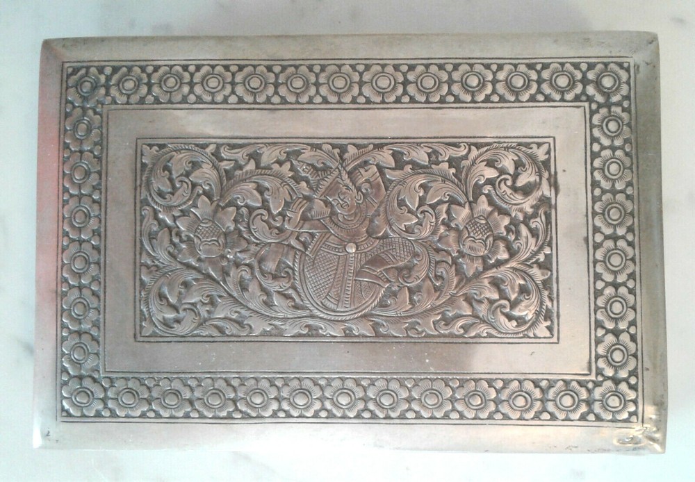 Antique Engraved Repousse Cambodian? Dancer Solid 900 Silver Box - Beautiful!