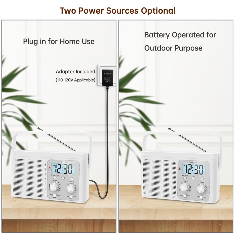 AM FM Radio Portable - Shortwave Radio Battery Powered or Plug in Wall for Ho...