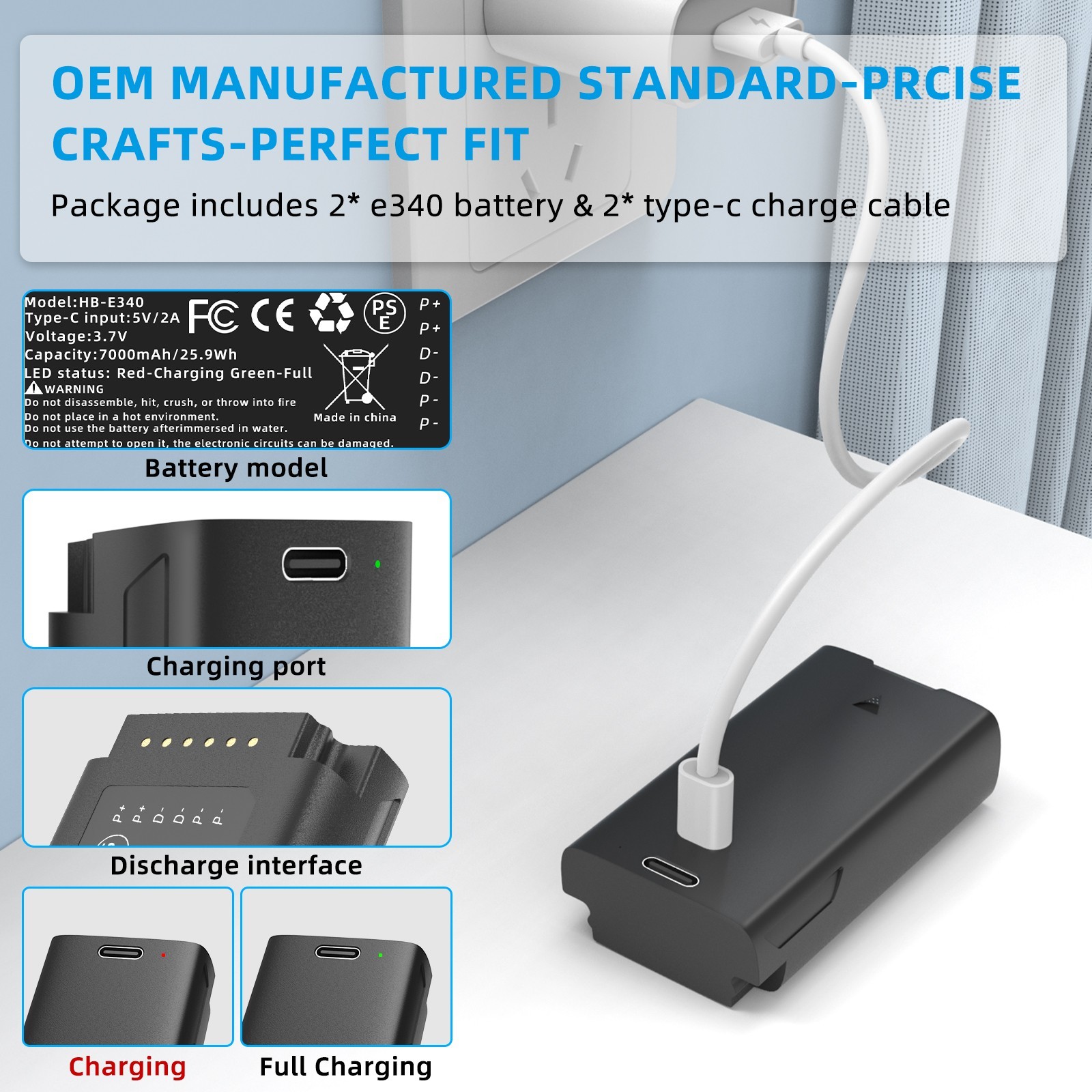 2pcs E340 Rechargeable Battery Backup 7000mAh with USB-C for eufy Video Doorbell