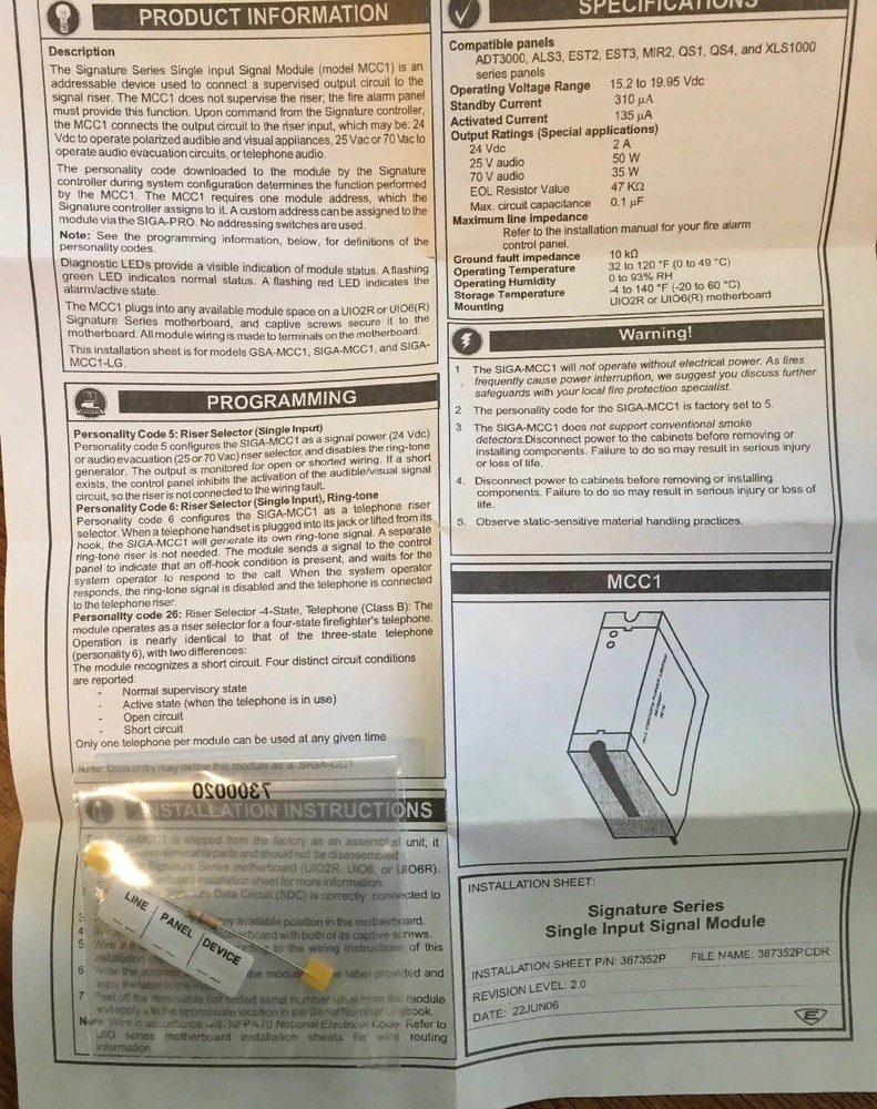 EST EDWARDS SIGA-MCC1 SINGLE INPUT SIGNAL MODULE FIRE ALARM MODULE