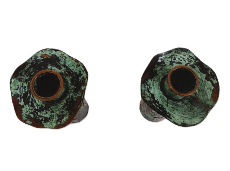 1960’s Peru Copper 7" Candle Holder Pair Inlaid Silver Incan Motif Deities Llama