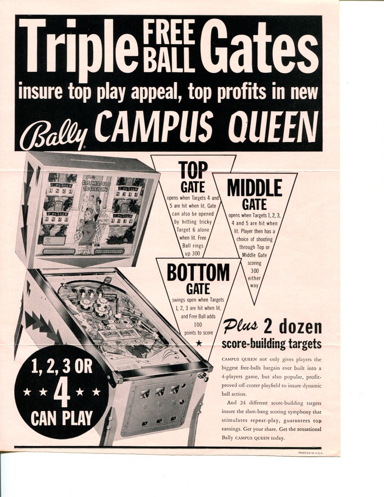 Campus Queen Bally Pinball Flyer / Brochure / Ad /