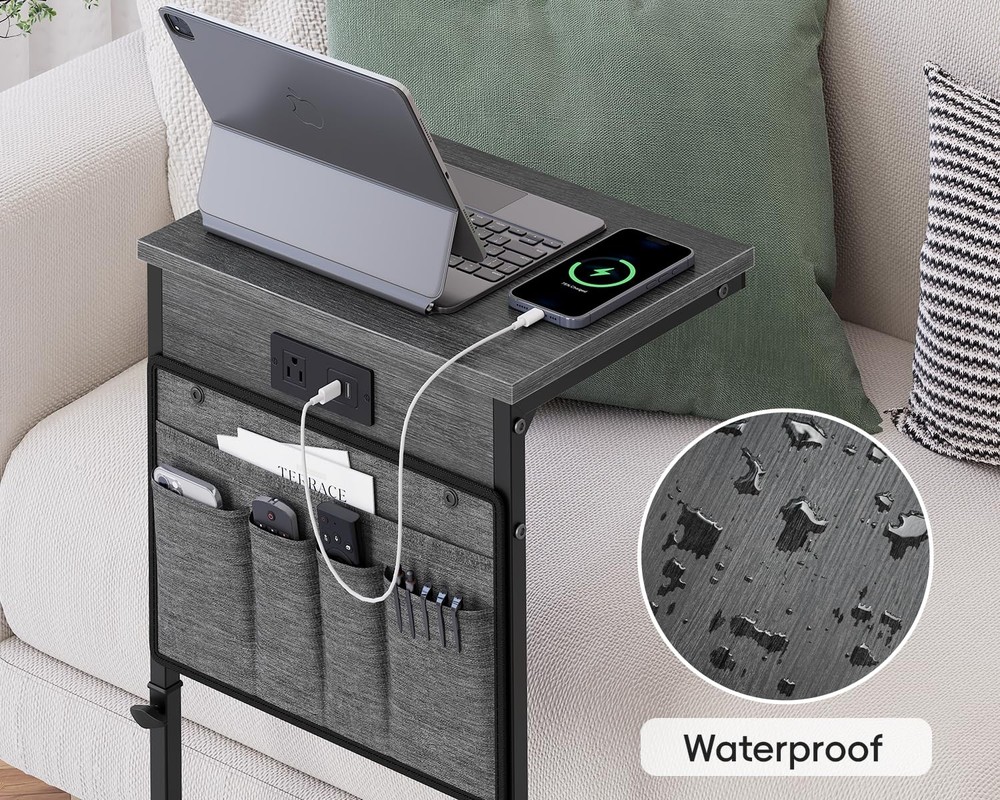 C Shaped End Table with Charging Station, 33" Tall Side Table for Couch, Sofa...