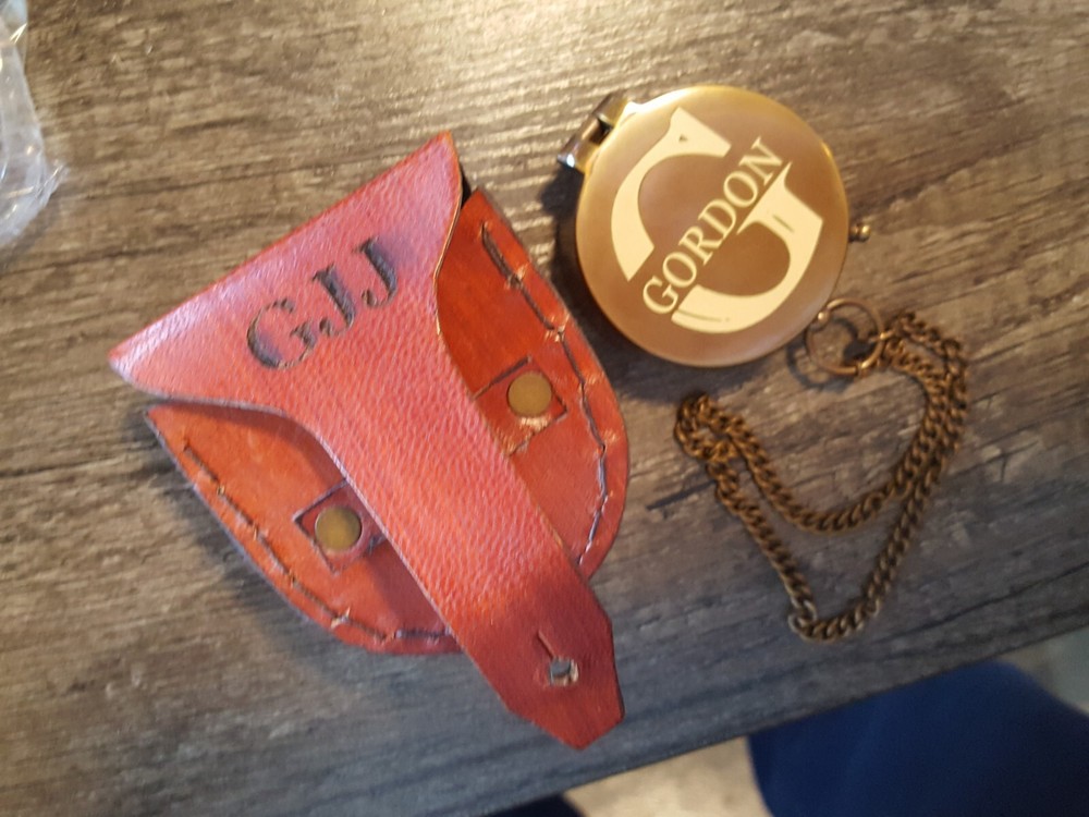 Engraved Monogrammed Brass Compass + Leather Pouch