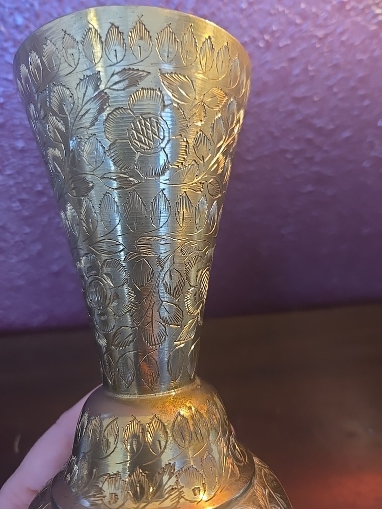 Antique Kasmiri Style Etched Solid Brass Fluted Vase India Makers Msrk On Bottom