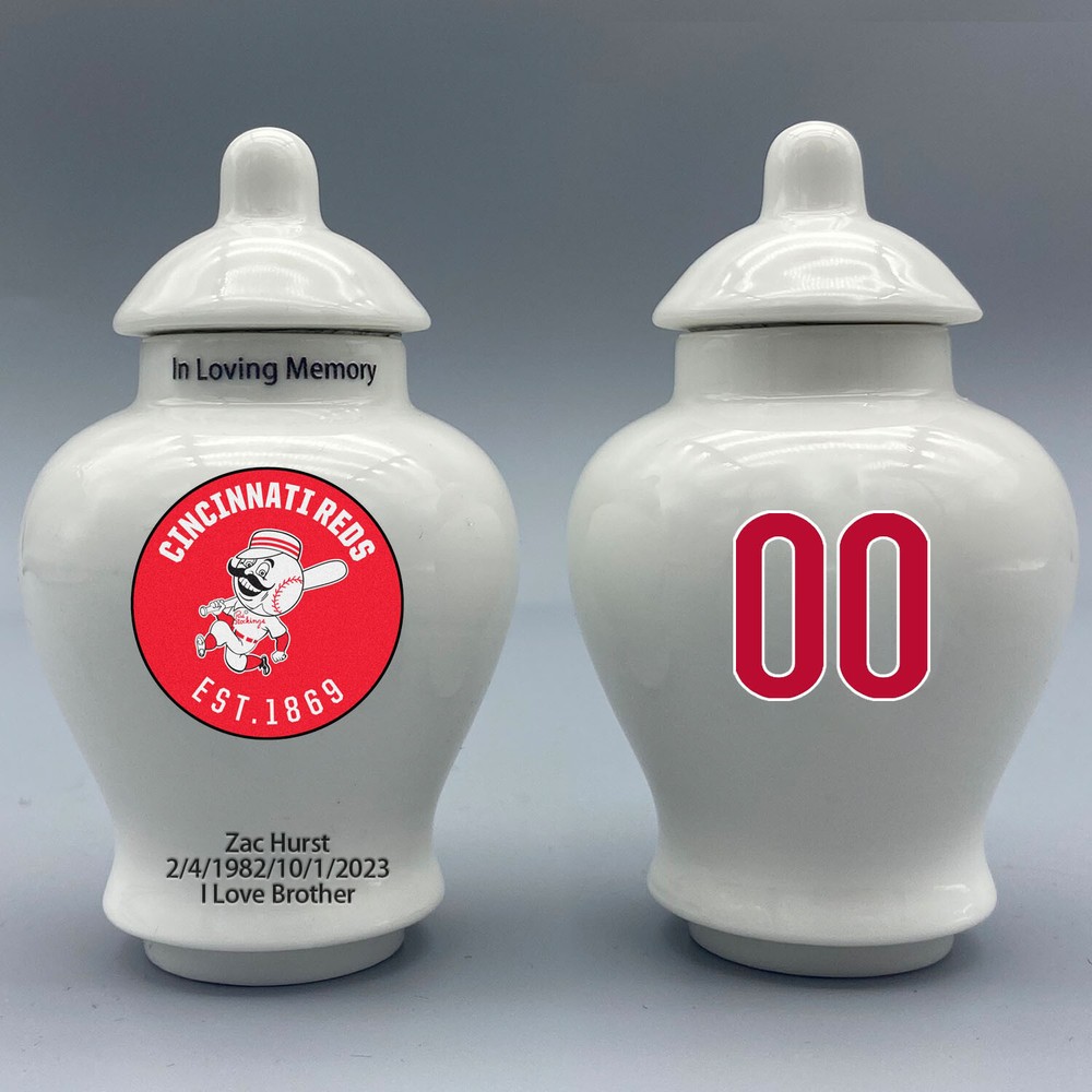 Ceramic Mini Urn for Cincinnati Reds Baseball Theme, Custom Text & Number