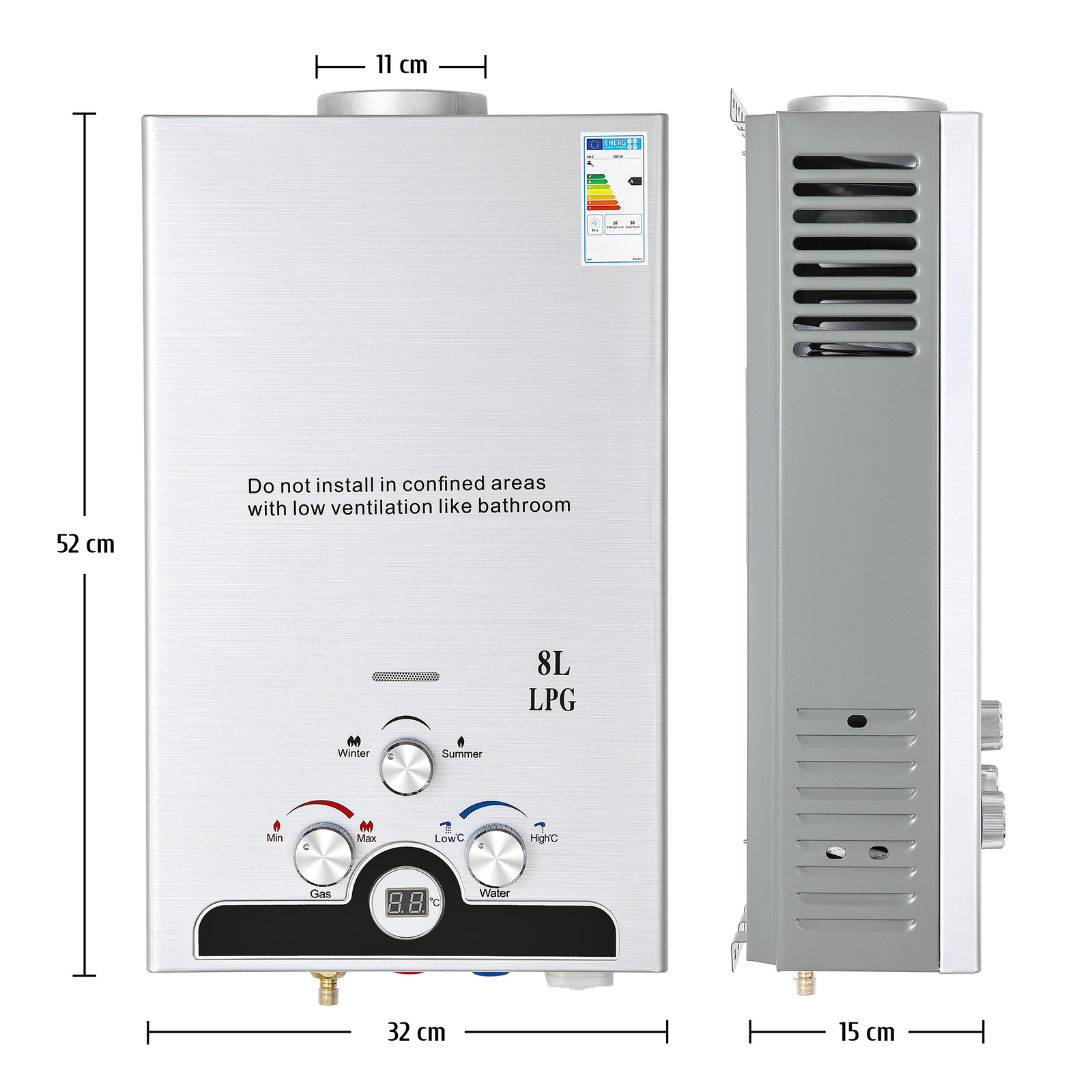 2 GPM/ 8L Hot Water Heater LPG Propane Gas Tankless Boiler Instant w LED Display