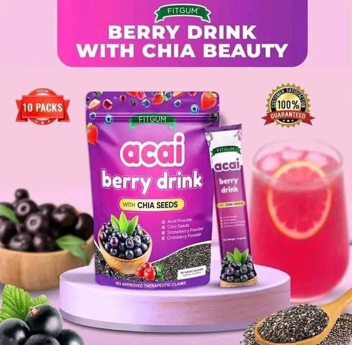 FITGUM Acai Berry Drink Powder with Chia Seeds 10 Sachets Daily Beverage