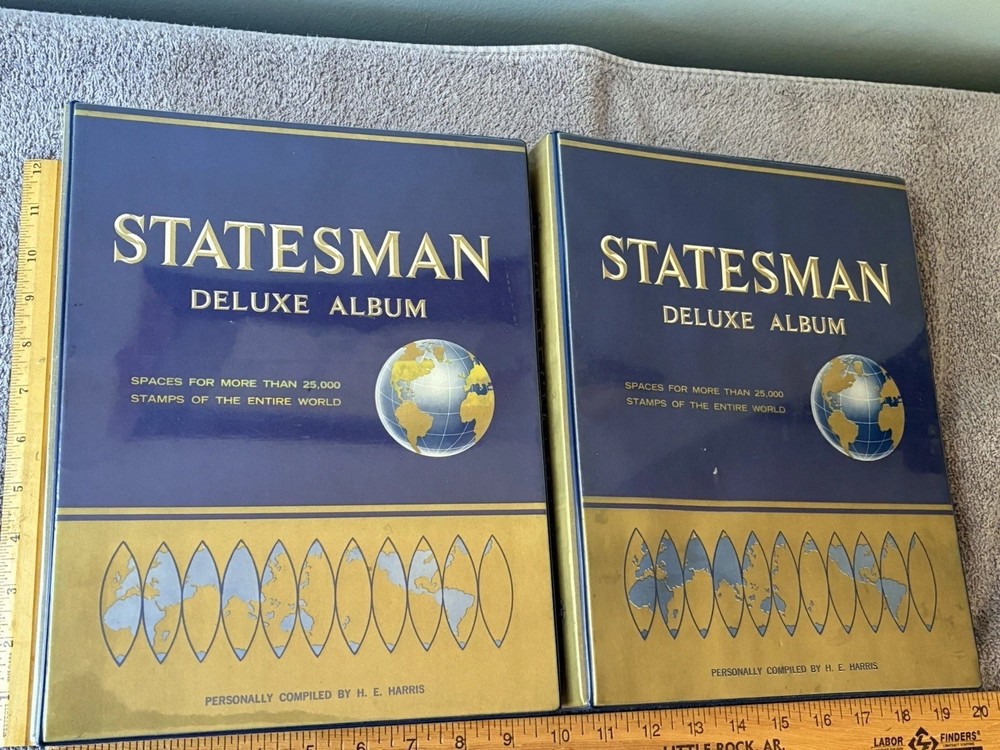 TWO (2) 1966 Ed. STATESMAN DELUXE STAMP ALBUMS W/SOME STAMPS~BOTH IN GREAT COND.