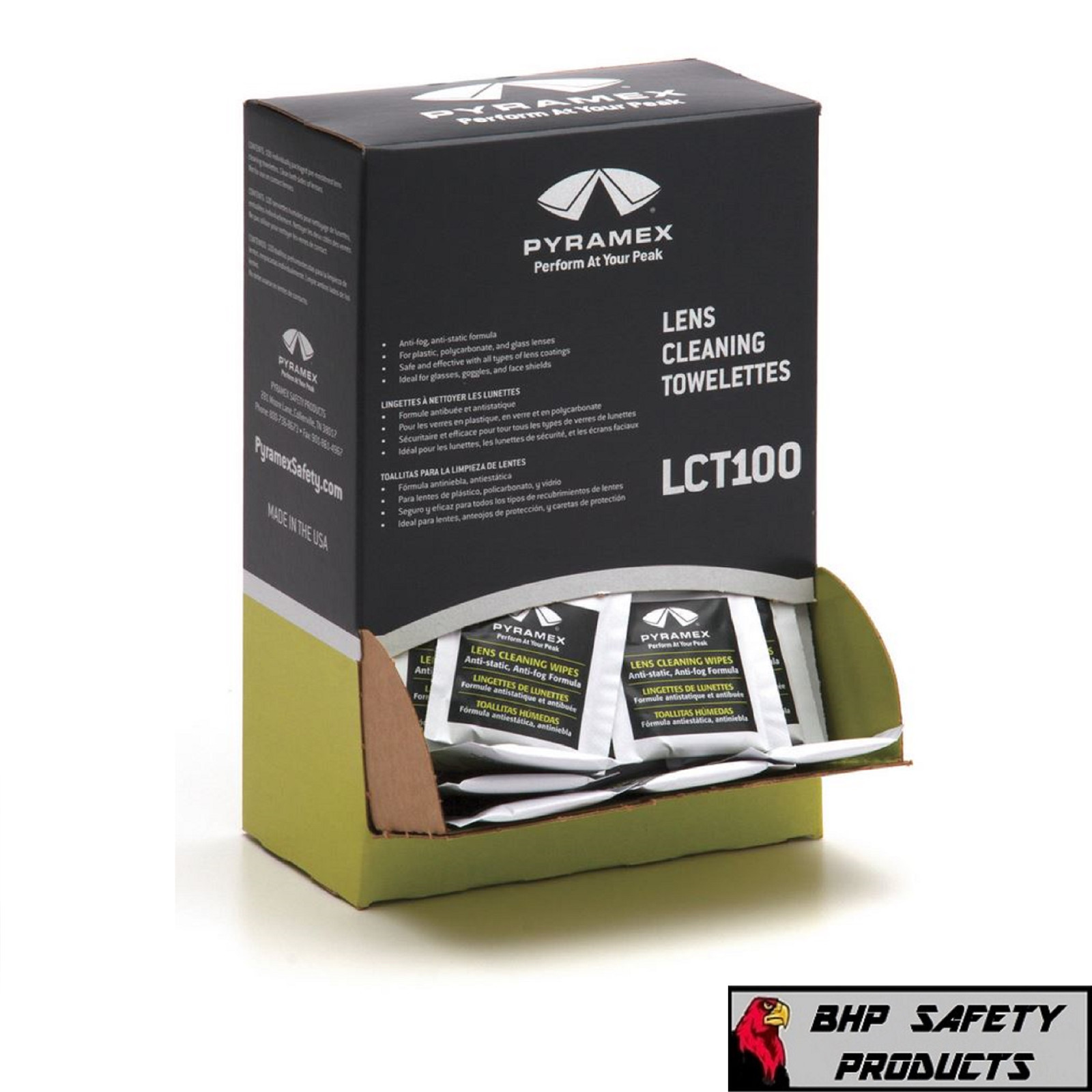 PYRAMEX LCT100 LENS CLEANING WIPES TOWELETTES ANTI-FOG ANTI-STATIC (100 PER BOX)