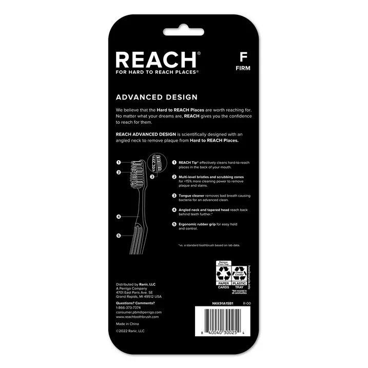 REACH Advanced Design Angled Neck Toothbrush, Assorted Colors, Firm, 6 Count
