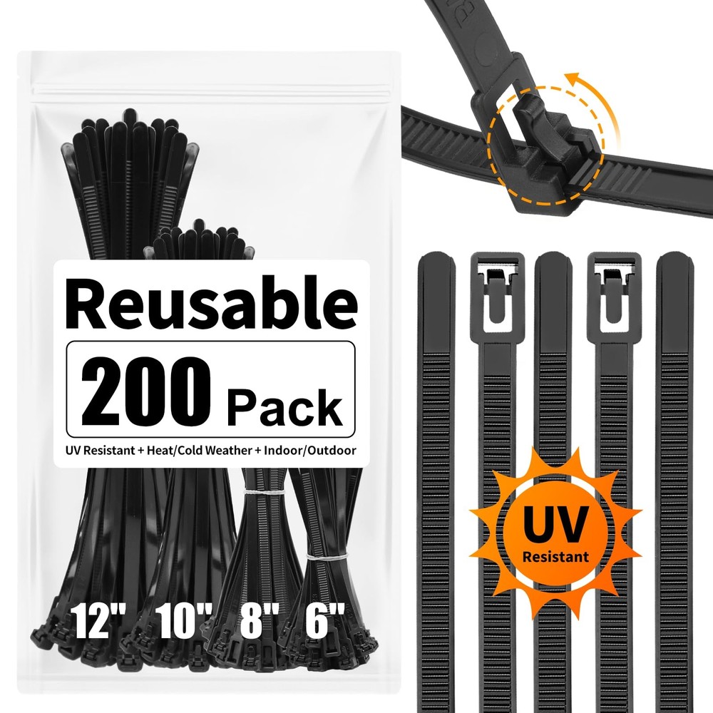 SOOOEC 200 Pack Reusable Zip Ties Assorted Sizes Sizes, Black