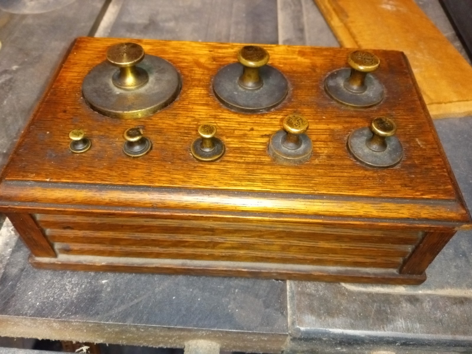 antique 8 Pc  Scale Weight Calibration Brass Set in oak container