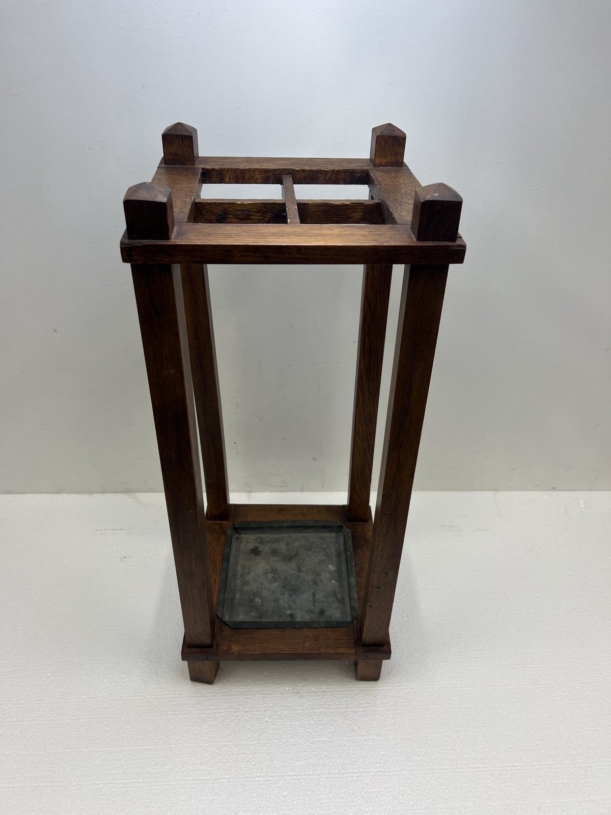 Antique Arts & Crafts Umbrella Stand Metal Drip Tray vintage mission wood sikes